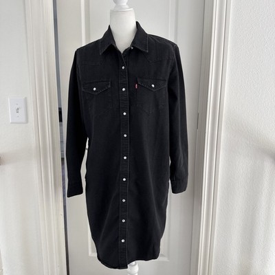 Levi s M Western Denim Black Long Sleeve Pearl Snap Button Shirt Dress EUC B6