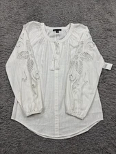 Saks Fifth Avenue Top Women XS Linen Floral Crochet Pintuck Tassel Blouse NWT