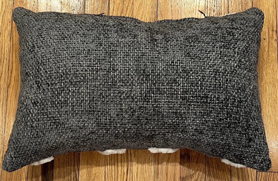 Black Textured Cloth Lumbar Throw Pillow with Faux fur Geometric Design - Image 4 of 4