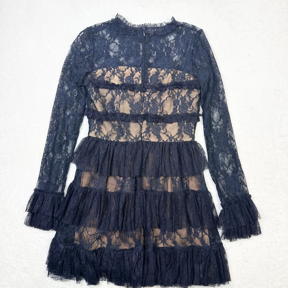 Bailey 44 кружева платье женщин 8 темно-синий ярусный оборки длинным рукавом мини вечеринки Anthro - Изображение 3 из 4