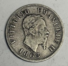 1863 ITALY 50 Centesimi, Silver Italian 50c Coin M