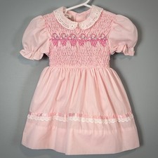Vintage Polly Flinders Toddler Dress 2T Pink Hand Smocked Puff Sleeve - Plz Read