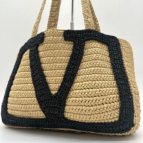 VALENTINO GARAVANI Women Superstar Raffia Basket Tote Bag Beige Black from japan