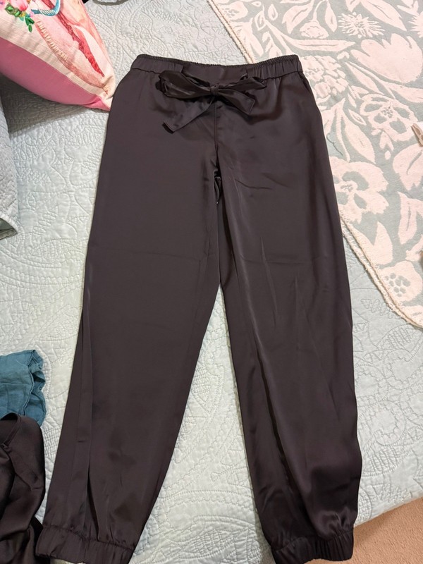 Rachel Zoe Black Silky Satin Belted Pull  On Tapered Trousers Joggers Pants M