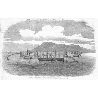 Ankunft des großen östlichen Dampfschiffes im Hafen von Portland - antiker Druck 1859