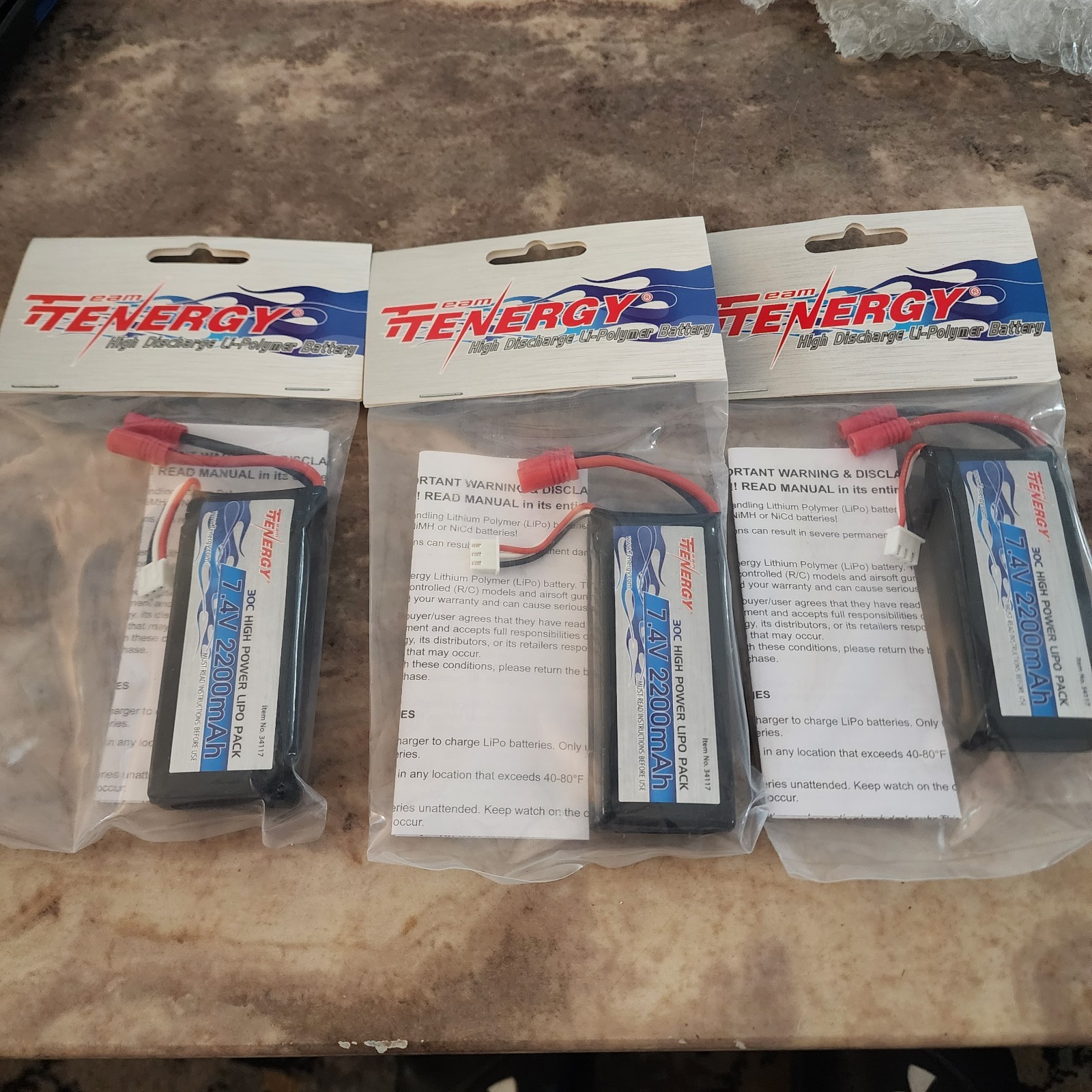 New 3 Pack Tenergy 30C Hi Pwr Lipo Pack 7.4V 2200mAh Li-Poly