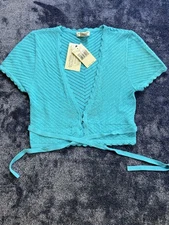 Vintage Guess Jeans Turquoise Wrap Sweater Beaded Knit Tie Front Size S NOS