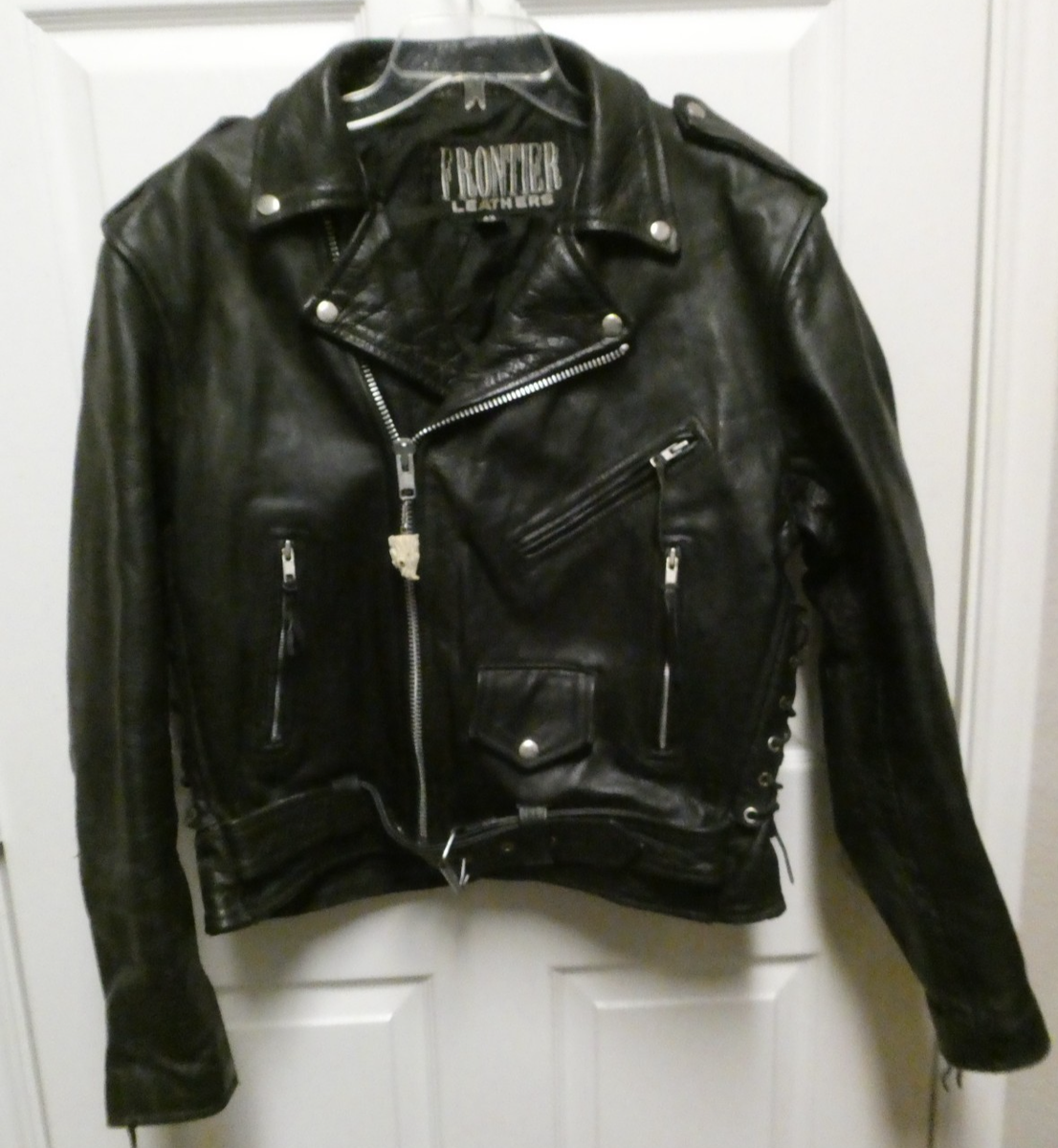 Frontier Leathers Black Leather Motorcycle Jacket Mens 42 Asym Zip