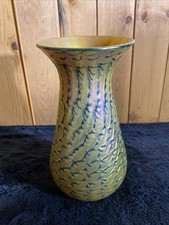 Lundberg Studios Art Glass 9.5  Gold  Green Iridescent Vase Signed