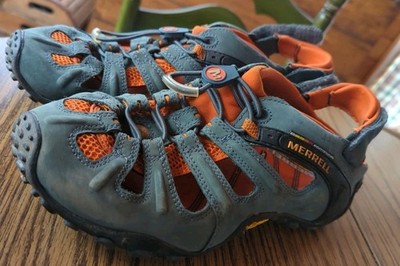 Merrell Men's Hiking Shoes Blue/Gray Leather Low Vibram Traction Soles Size 9.5