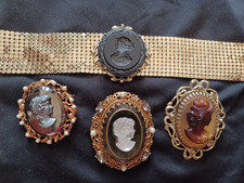 VINTAGE SIGNED GERMANY GLASS CAMEO RHINESTONE GOLD TONE MESH NECKLACE PIN LOT