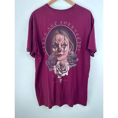 Sullen Art Collective Mens XL Burgundy Graphic T-Shirt Day of the Dead Roses