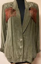 Olive Fringed & Lined Jacket Saint Germain Paris Made in the USA Size Med (CL09)