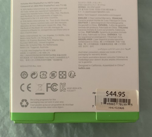 Belkin MINI DISPLAY PORT to HDTV CABLE - 2M 6 Feet 4k - Brand New - Picture 4 of 4