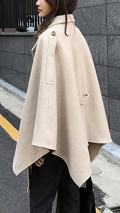 Para Mujer Elegante Cuello Solapa Mezcla Lana Pajarita Poncho Capa Chaqueta con Cinturón Foto 2 de 4