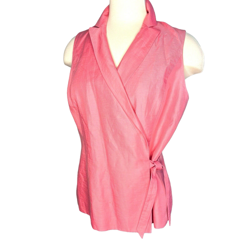 Ann Taylor Loft Sleeveless Pink Linen Wrap Top Sz 12P Petite V Neck Vest Lined - Picture 2 of 10