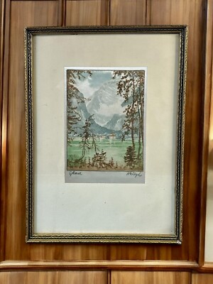 Vintage signiertes Gemälde auf Seide - Französische Alpen Szene - 37 x 27 cm