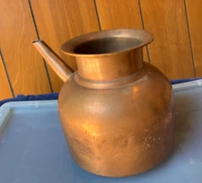 Vintage Copper Water Pot Pitcher Jug w/Spout & Etched Floral Design - 3 pints