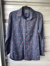 Paul Smith Embroidered Monkey Long Sleeve Button Shirt Navy Blue Size 15"