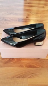 black shoes with gold block heel