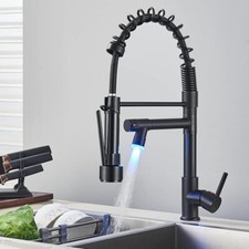 Commercial Matte Black LED Kitchen Sink Faucet Pull Down Sprayer Single Hole Tap