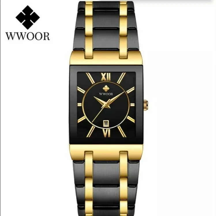 WWOOR Black Watch Men Square Mens Watches Luxury Golden Quartz Stainless