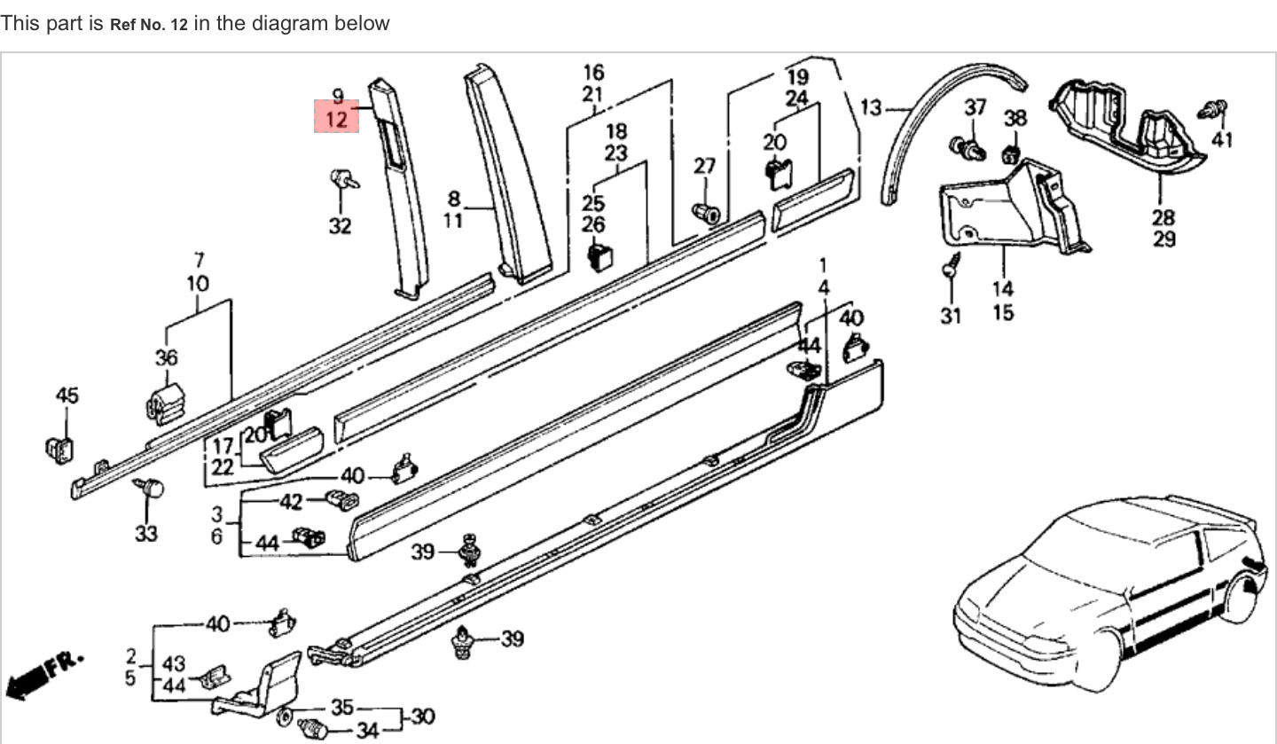 8991 Honda CRX Left Driver Door Sash Center Cover Garnish Molding Trim