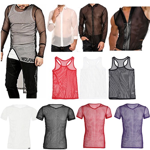 Men Sleeveless Mesh Fishnet Sheer T 