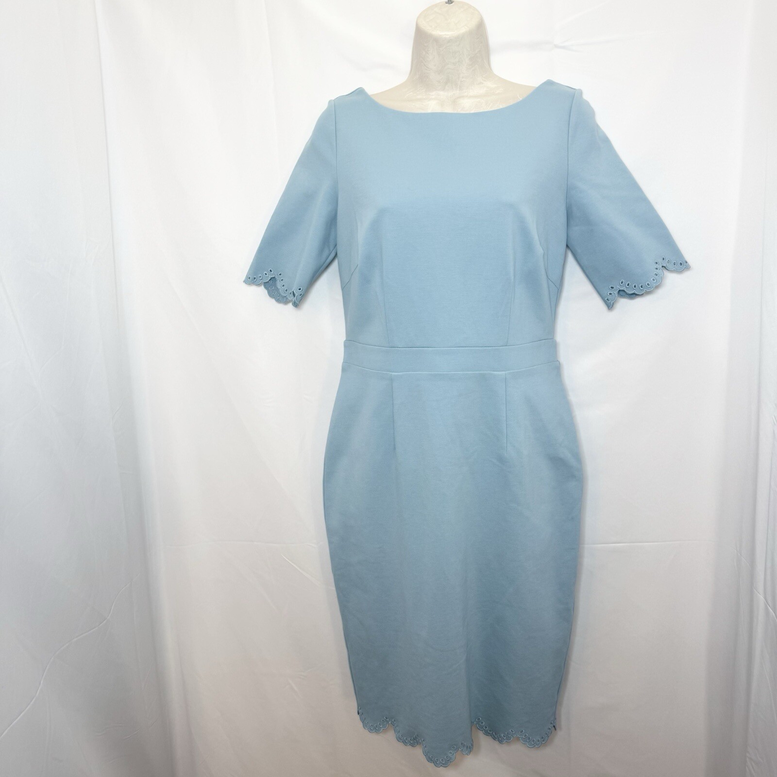 BODEN Emma Ponte Sheath Dress Eyelet Scalloped Hem Coquette Size 6 Powder Blue