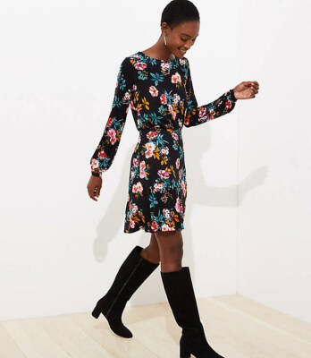 NWT LOFT Women's Floral Bar Back Flare Dress - Black Multi - Size 2
