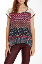 H.I.P. Size M Blouse Scoop Neck Cap Sleeve Hi-Lo Hem Lace Yoke Open Flow #J145