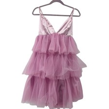 Pink Tiered Tulle Tutu Mini Dress Satin V-Neck 1XL Barbiecore Coquette Fairy