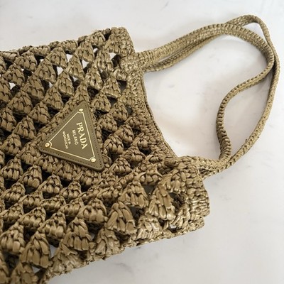 Prada Crochet Raffia Tote Bag Olive Green Authentic