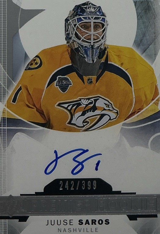 Juuse Saros Rookie Auto PSA 8/10- 2015 Upper Deck Premier /399 -Predators view 4