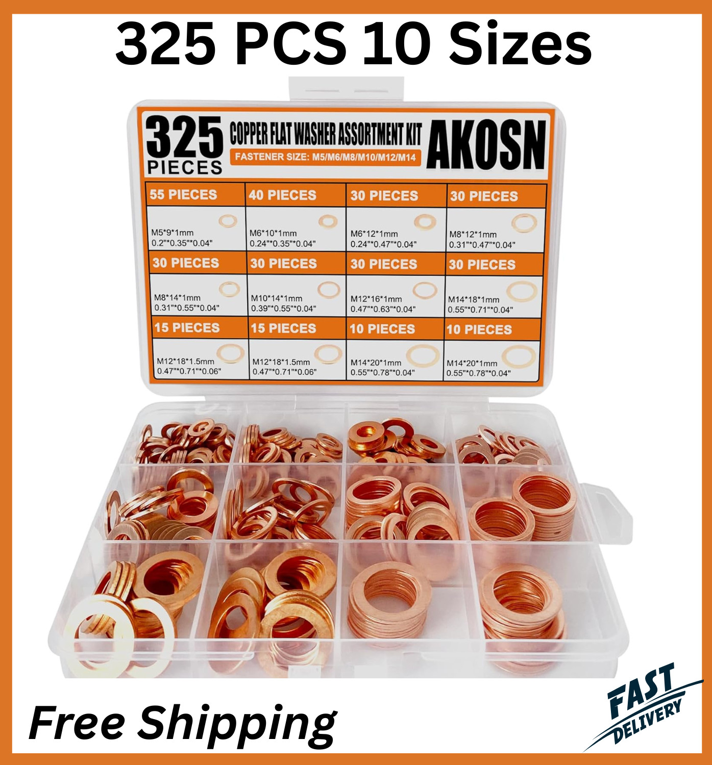 325 PCS Copper Metric Sealing Crush Washers Kit, 10 Sizes Oil Drain Gasket Set