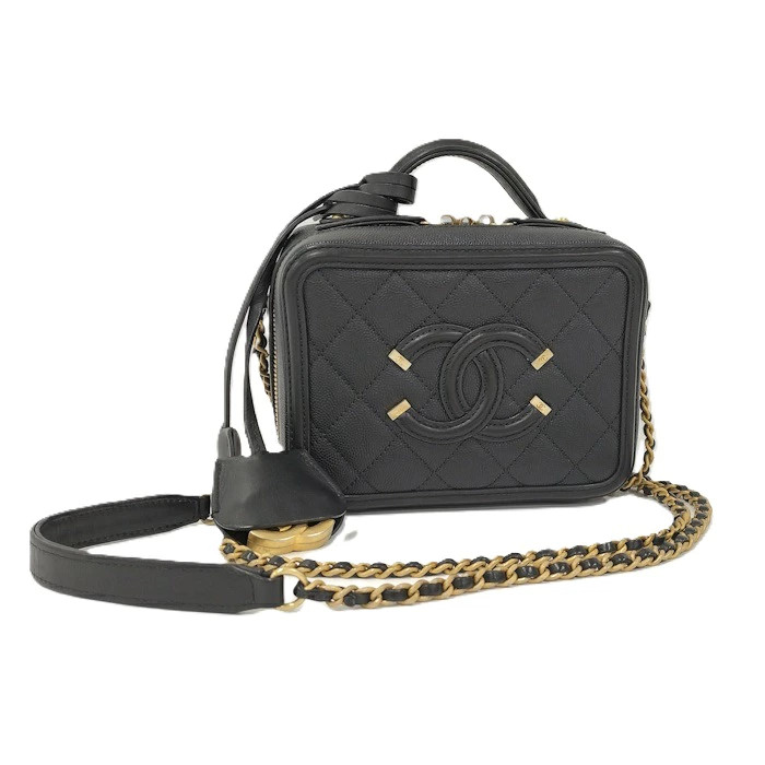 CHANEL 2WAY Handbag Shoulder Bag CC Filigree Caviar Skin Leather Black Used from