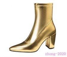 Women's Faux Leather Pointed Toe Block Heels Ankle Boots Dress Casual Prom Shoes