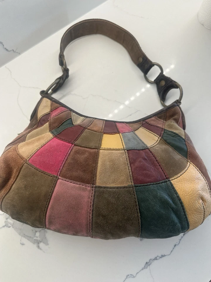Y2K Lucky Brand Hobo Bag Multicolor Patchwork Suede Leather Purse Boho Colorful - Image 3 of 4