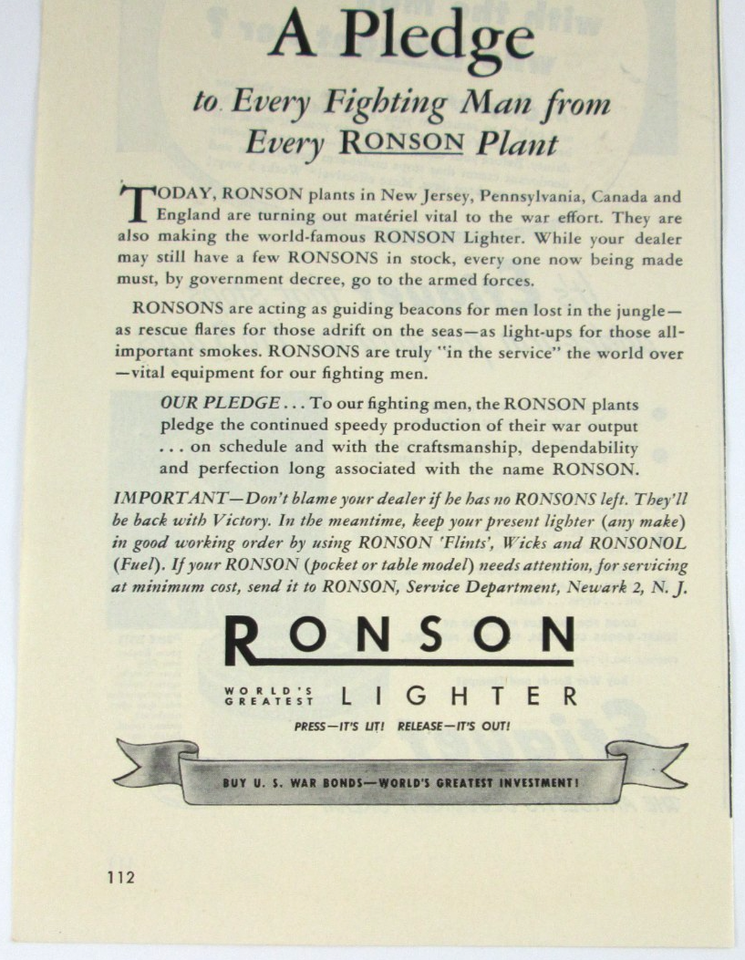 To Inform Poster Vintage 1943 Ronson Lighter Print Ad A Pledge To Every Fighting Man | eBay