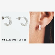 Sterling Silver Baguette CZ Huggie Hoop Earrings