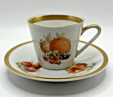 Vintage Tea Cup Saucer PMR Bavaria Germany Golden Crown E & R "ORCHARD" Fruit