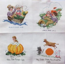 11' X 12" FINISHED CROSS STITCH WITH 4 NURSERY RHYME CHARACTERS RUD A DUB DUB +