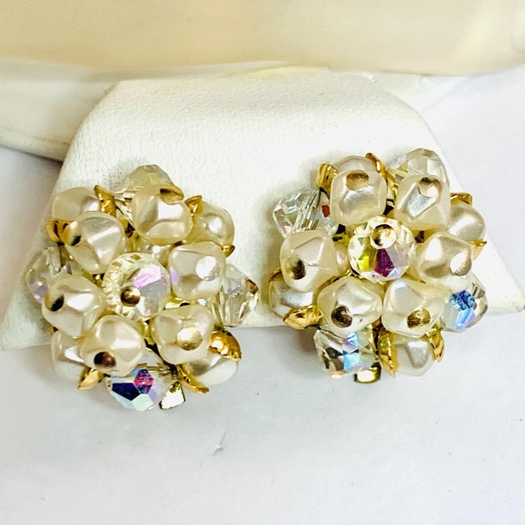 Vintage 1950's Japan Faux Pearl Crystal Clip on Earrings