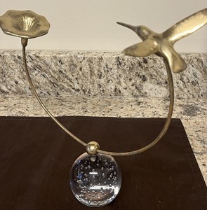 Art Deco MCM Brass Loop w/Brass Flower & Bird Balanced w/Glass Art Round Base