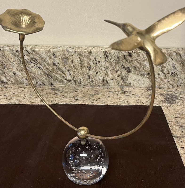 Art Deco MCM Brass Loop w/Brass Flower & Bird Balanced w/Glass Art Round Base