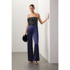 Badgley Mischka Navy Blue Rose Sequin Satin Sleeveless Cocktail Jumpsuit Size 8