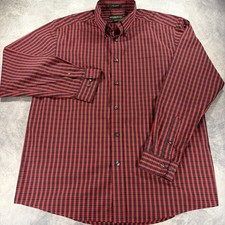 Eddie Bauer Mens L Red Plaid Button Down Shirt Wrinkle Resistant Relaxed Fit