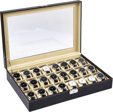 Caja de reloj organizadora de 24 ranuras de cuero PU negro con tapa transparente caja hombres mujeres