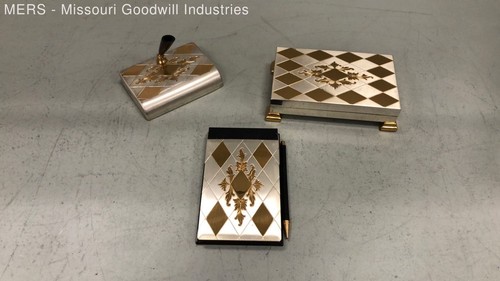 Metal Desk Accessories Lot Memo Pad Holder Blotter Box Gold Silver Tone Engraved