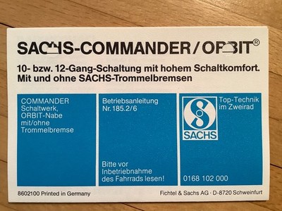 Fichtel und Sachs, Betriebsanleitung Numero. 185.2/6 Sachs Commander/Orbit
